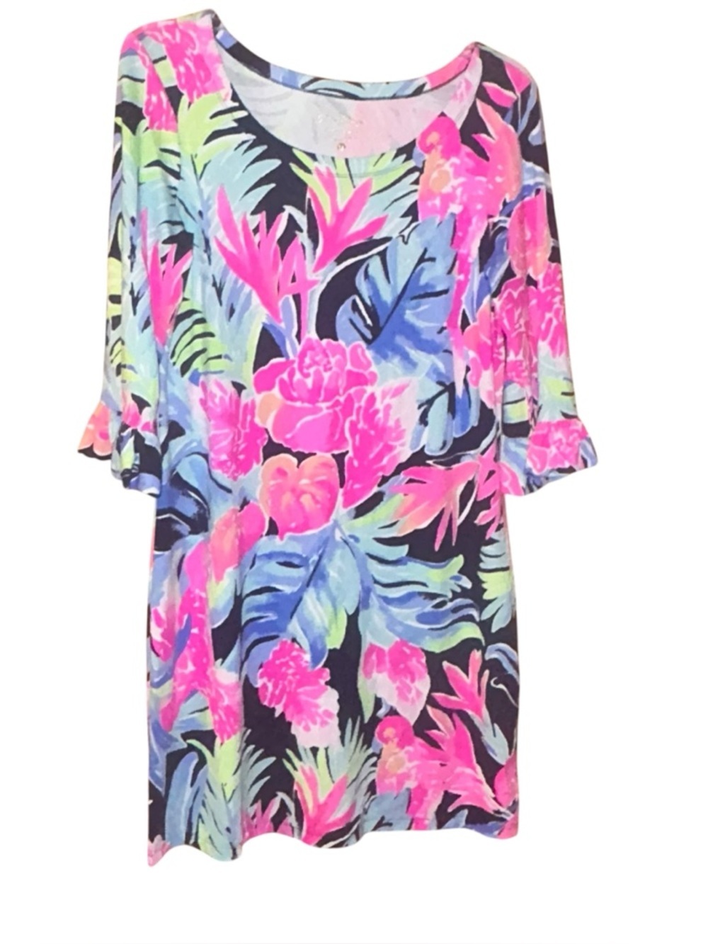 Lilly Pulitzer Sophie UPF 50 Ruffle High Tide Navy Tropicolada Dress Medium 8/10